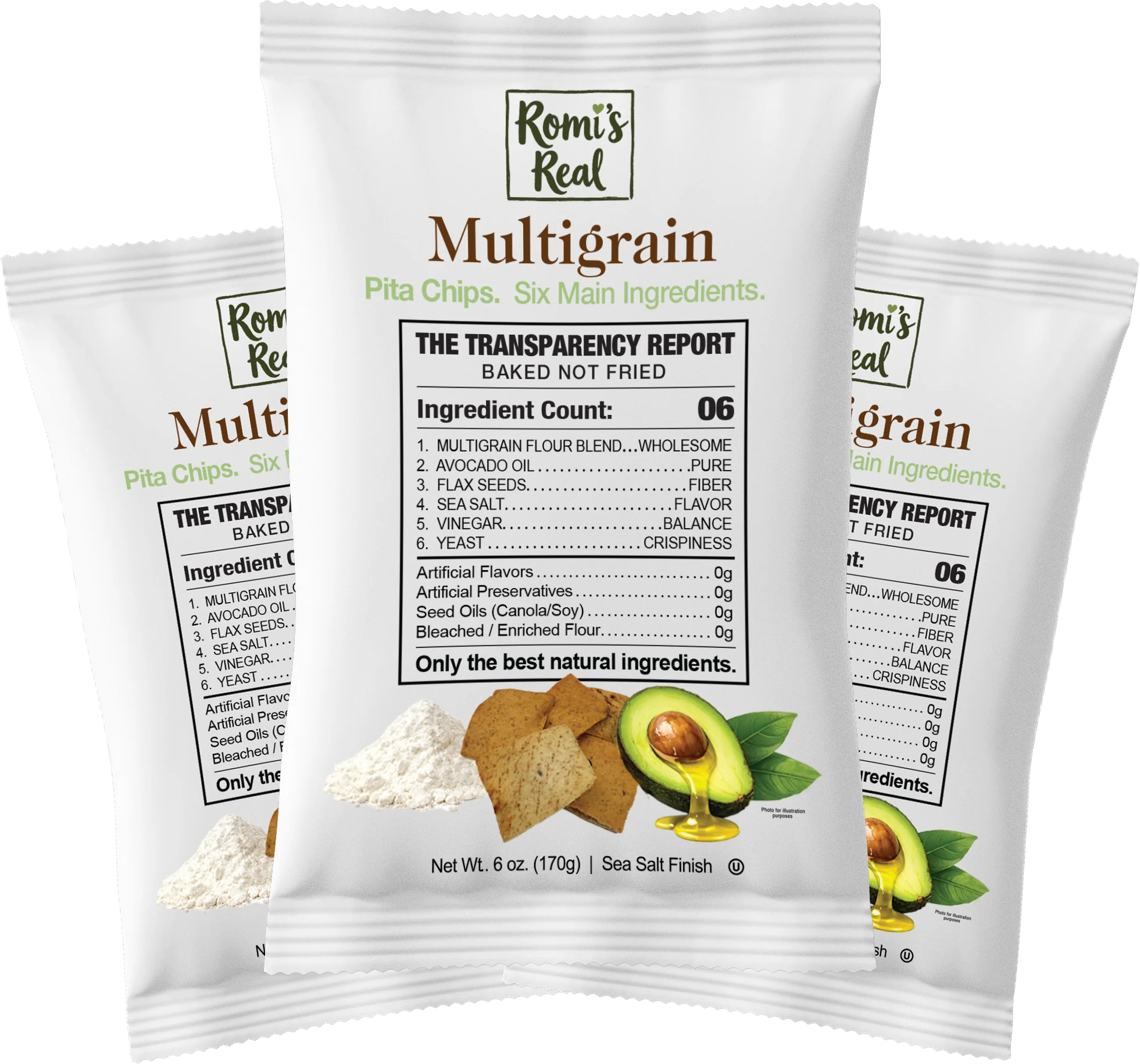 Three bags of Romi's Real Multigrain pita chips