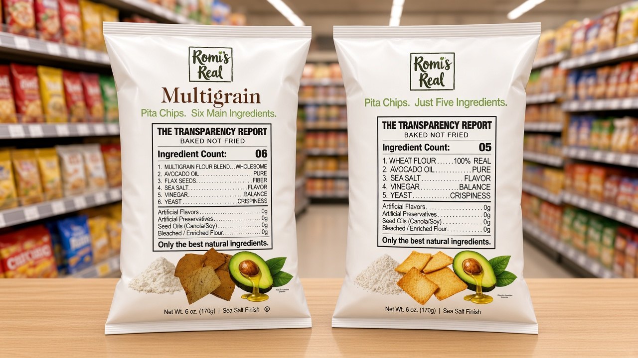 Two bags of Romi's Real pita chips — Multigrain and Original — on a grocery shelf