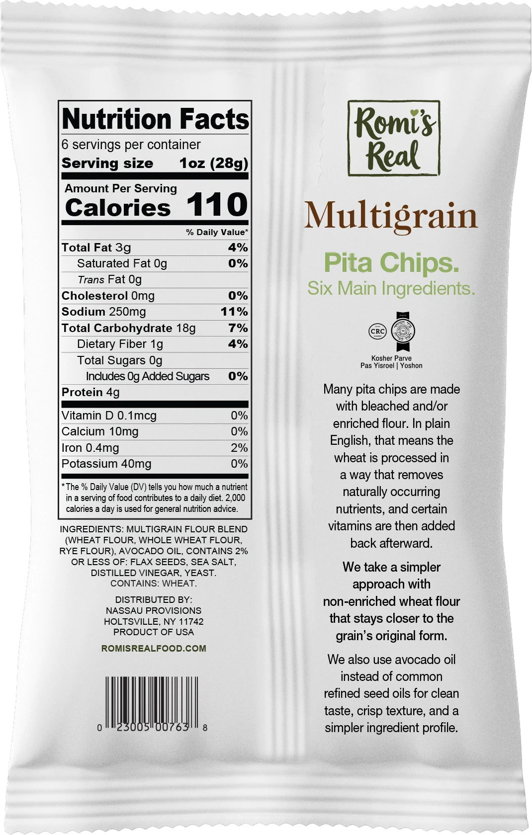 Back of the Romi's Real Multigrain bag, showing the nutrition panel and ingredients