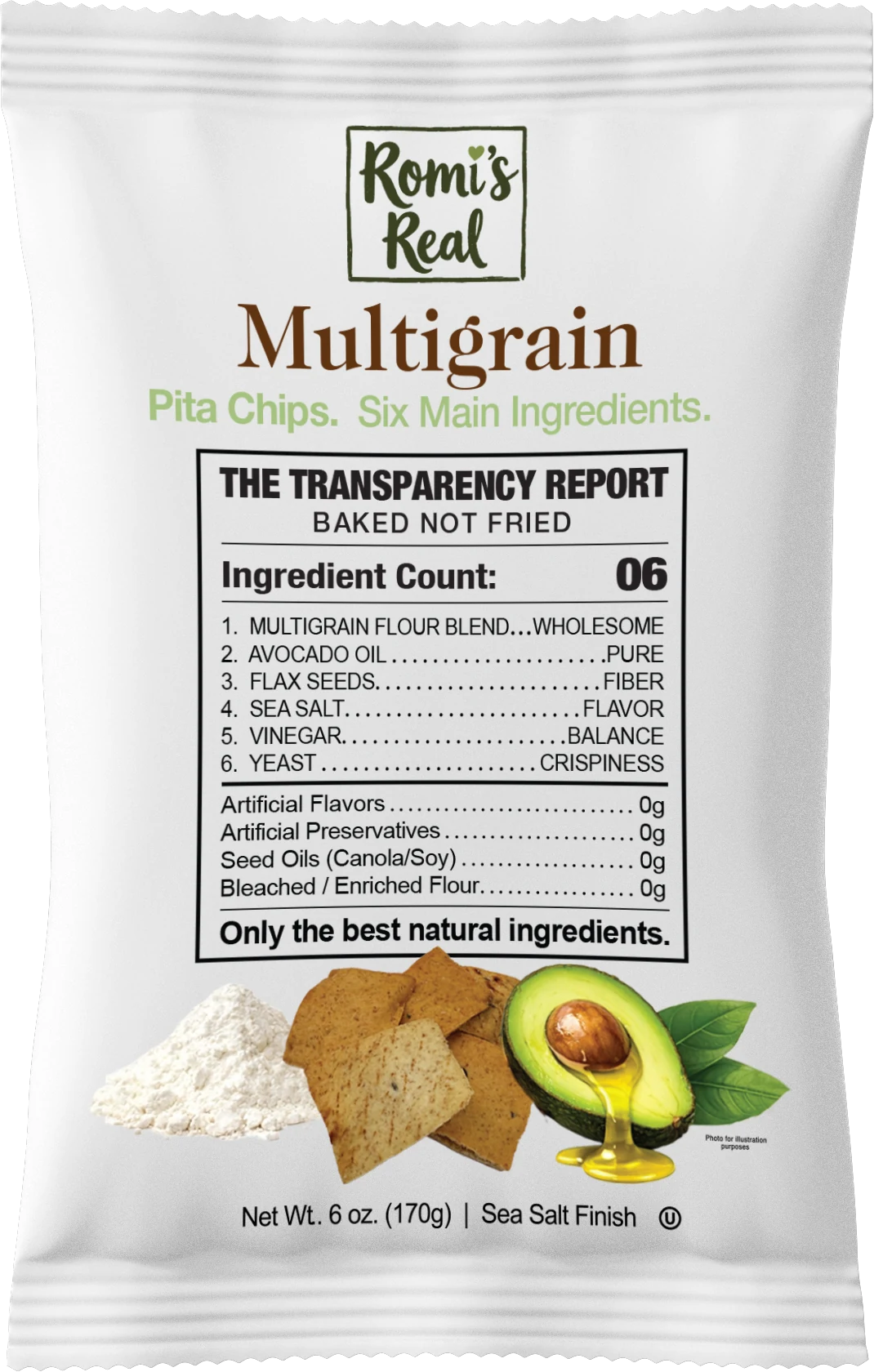 Front of the Romi's Real Multigrain pita chips bag