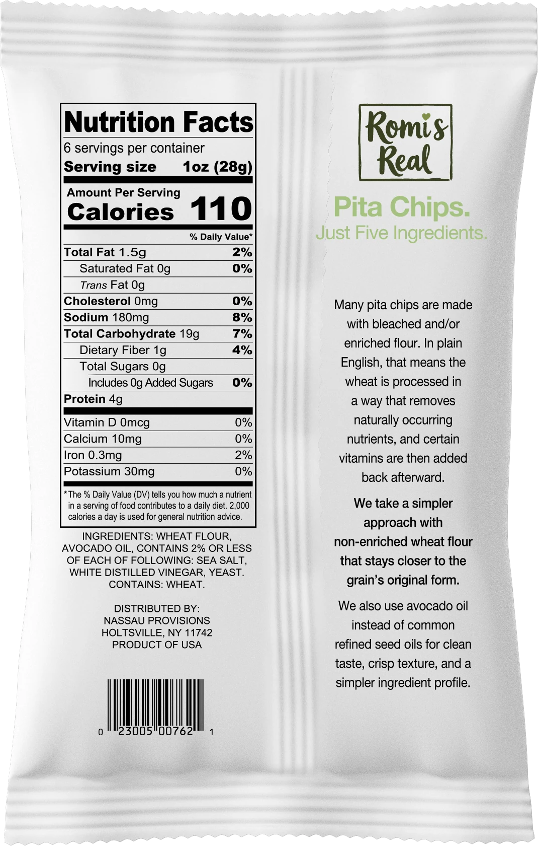 Back of the Romi's Real Original bag, showing the nutrition panel and ingredients