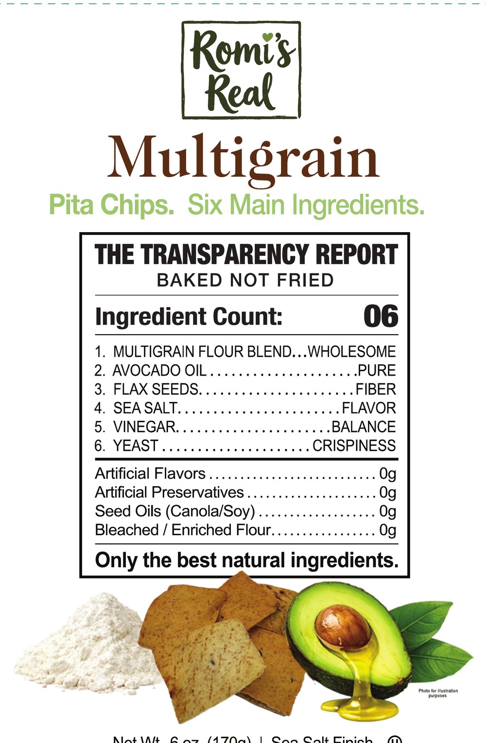 Front package panel for Romi's Real Multigrain pita chips